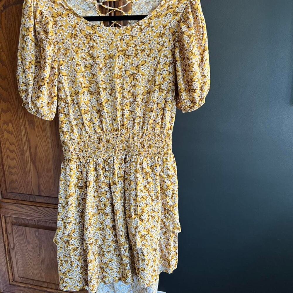 Golden yellow floral mini dress L